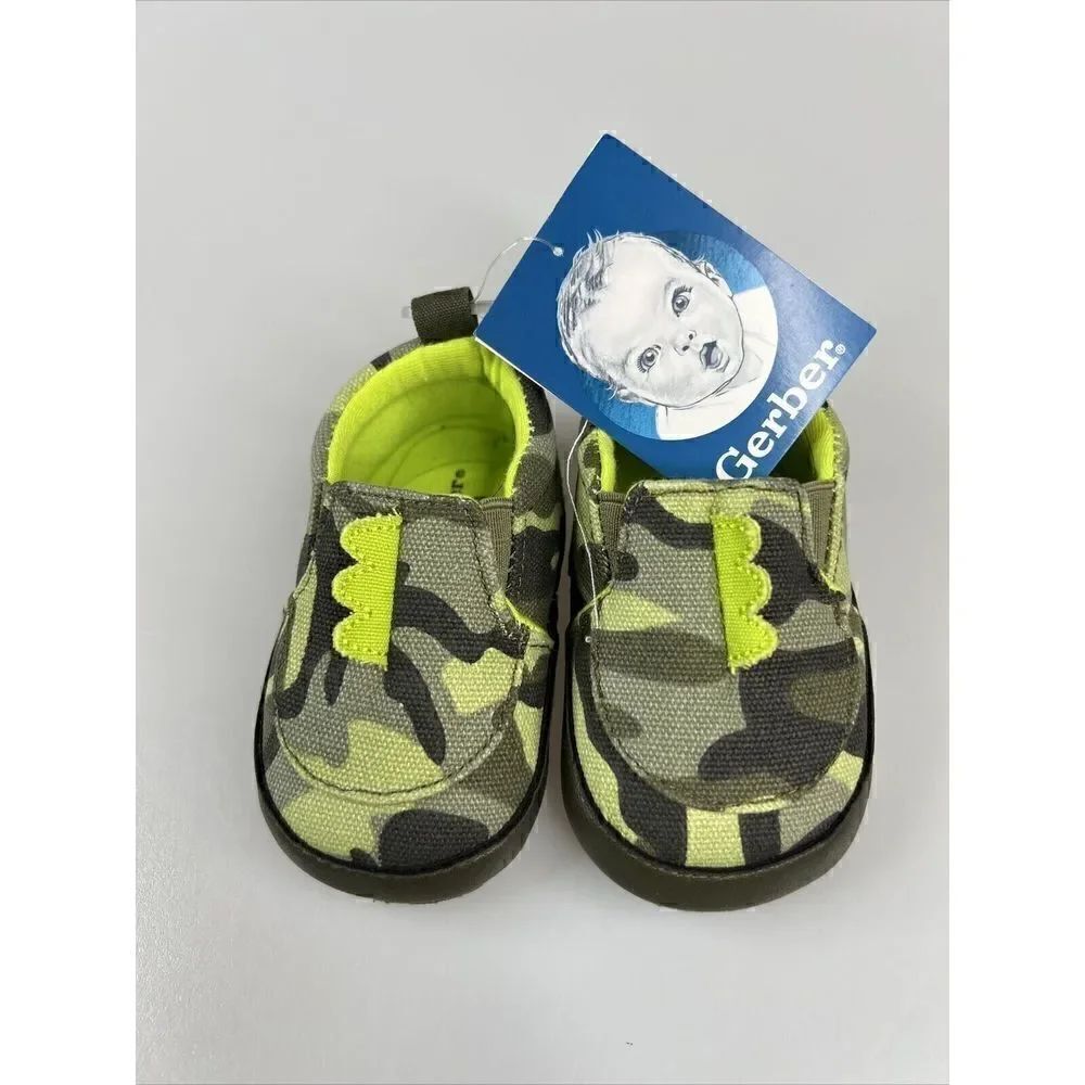Gerber Baby Boy Dinosaur Soft Sole Crib Shoe Camouflage Green 3/6 Months NEW